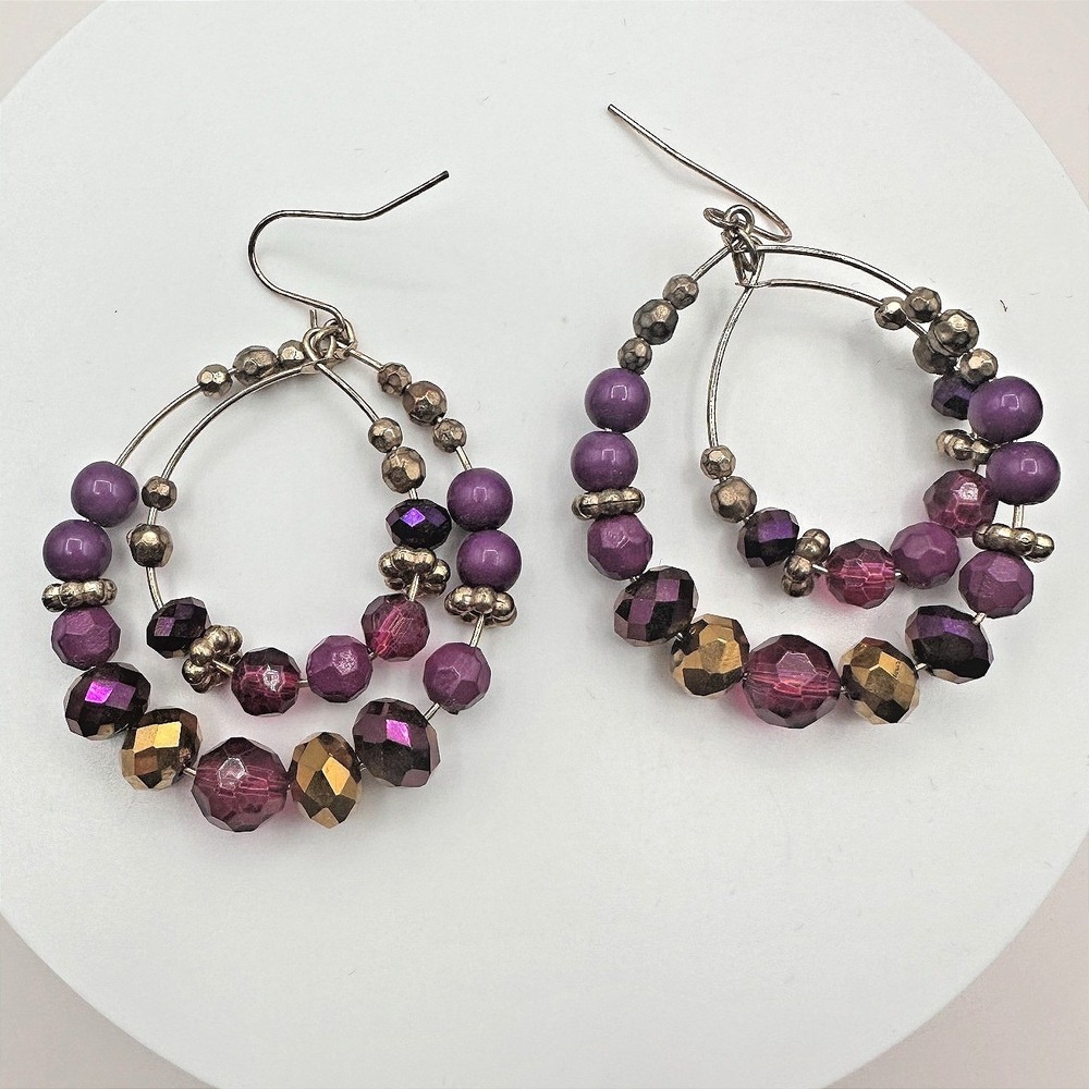 Vintage Y2K Gold Tone Purple Glass Beaded Double Hoop Earrings‎ Women's Jewelry